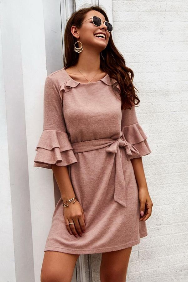 Creamtopmall Plain Round Neck Belt Dress