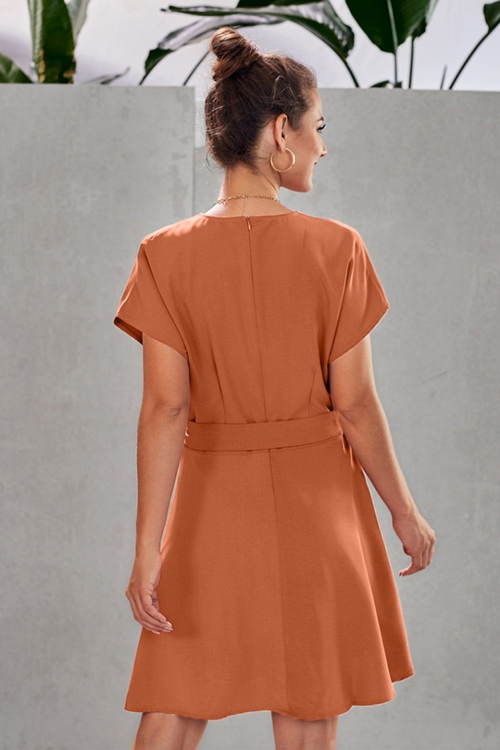 Creamtopmall Plain V Neck Belt A-line Dress