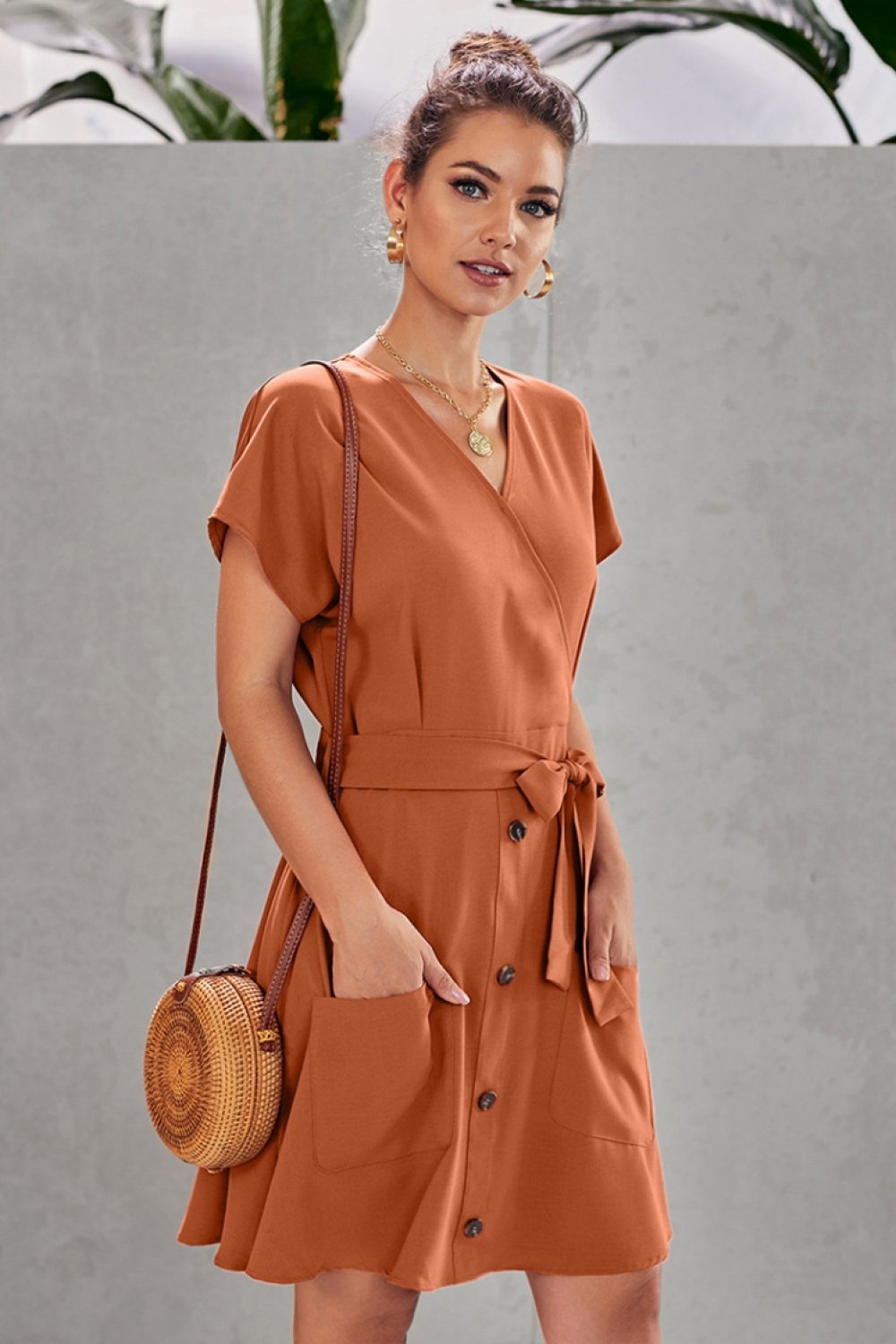 Creamtopmall Plain V Neck Belt A-line Dress