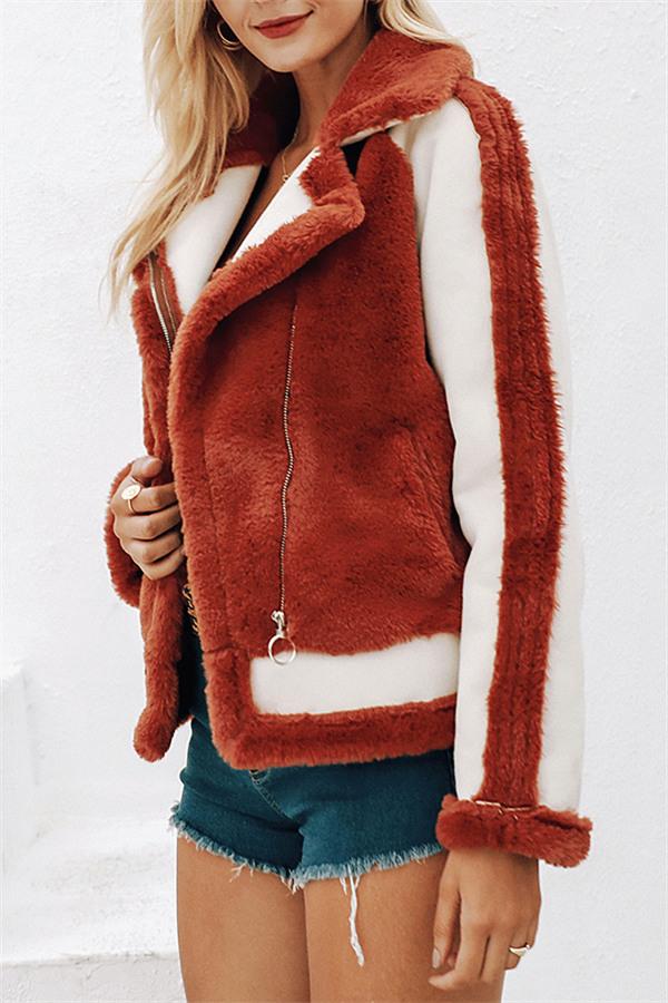 Creamtopmall Plush Faux Fur Zipper Jacket - Red