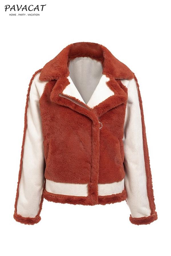 Creamtopmall Plush Faux Fur Zipper Jacket - Red