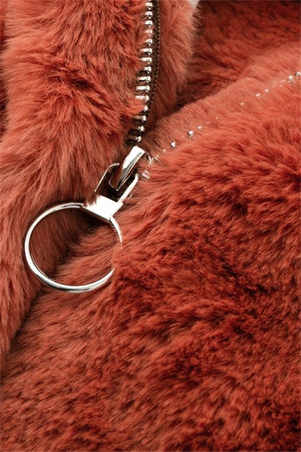 Creamtopmall Plush Faux Fur Zipper Jacket - Red