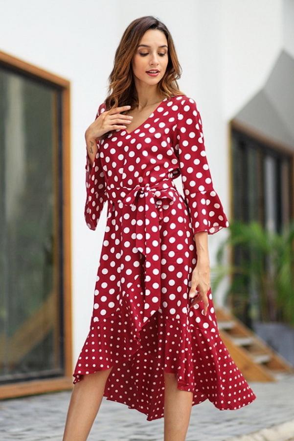 Creamtopmall Polka Dot Irregular Belt Dress