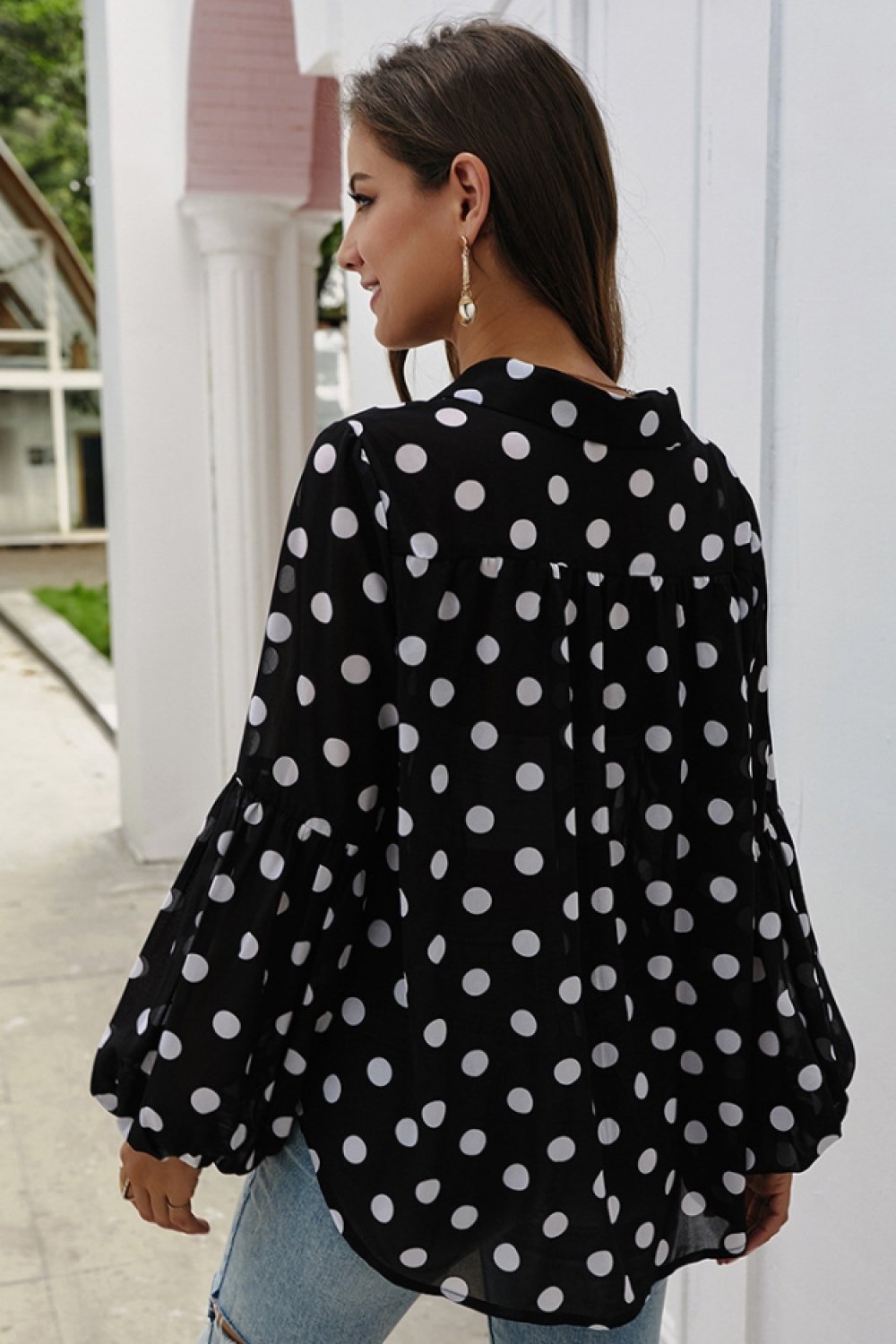 Creamtopmall Polka Dot Lantern Sleeve Blouse