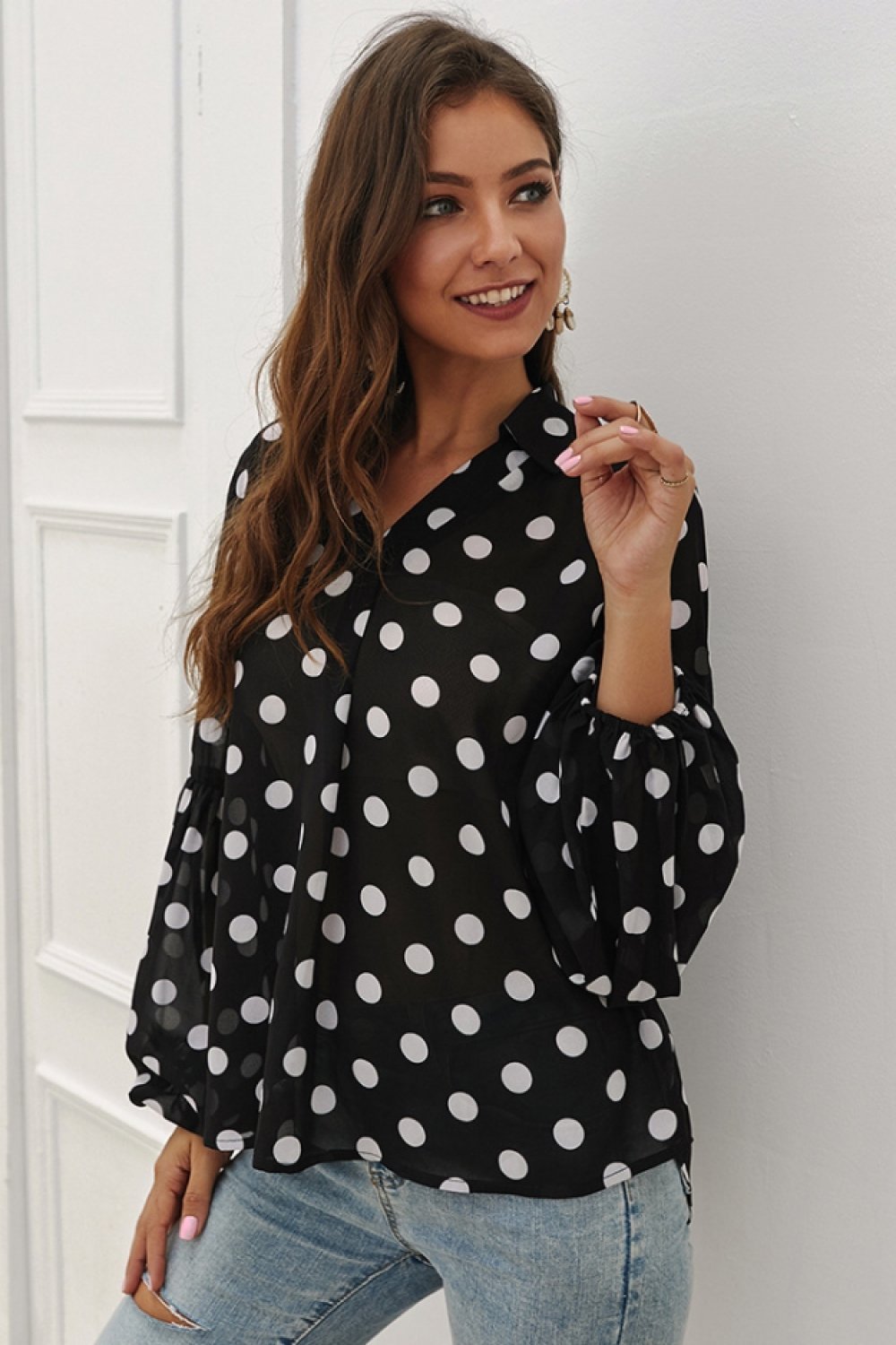 Creamtopmall Polka Dot Lantern Sleeve Blouse