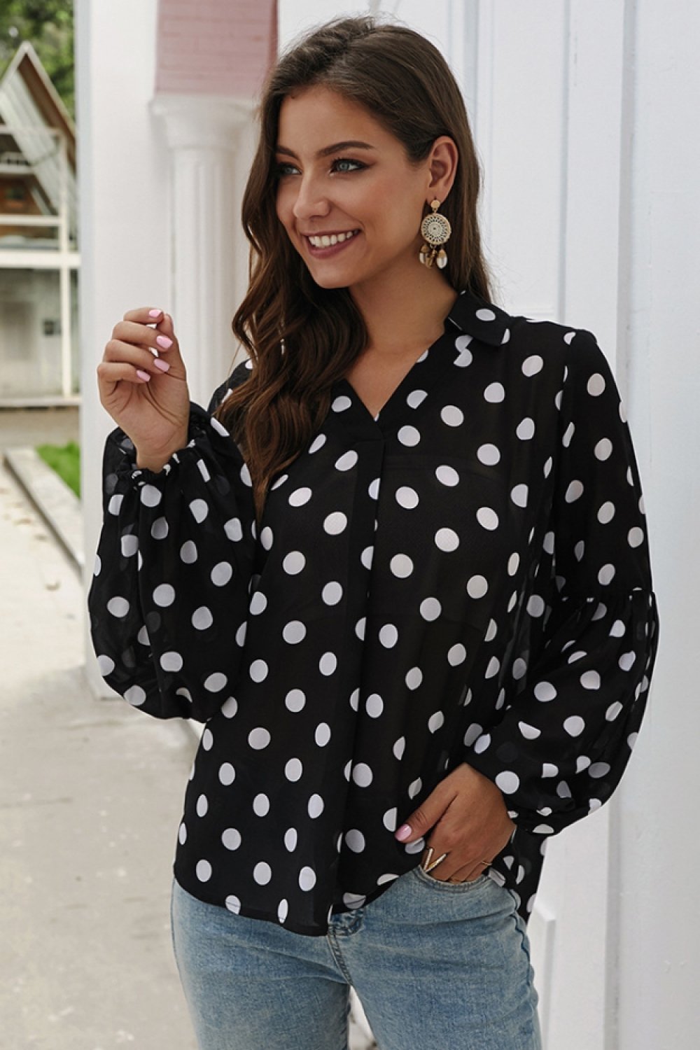 Creamtopmall Polka Dot Lantern Sleeve Blouse