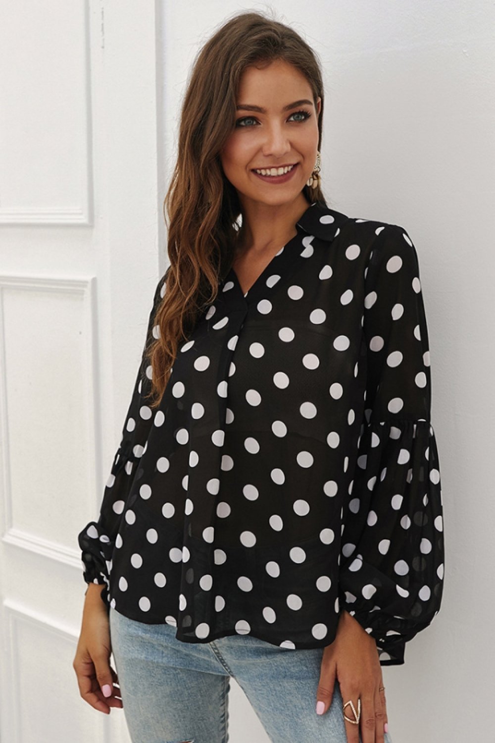 Creamtopmall Polka Dot Lantern Sleeve Blouse