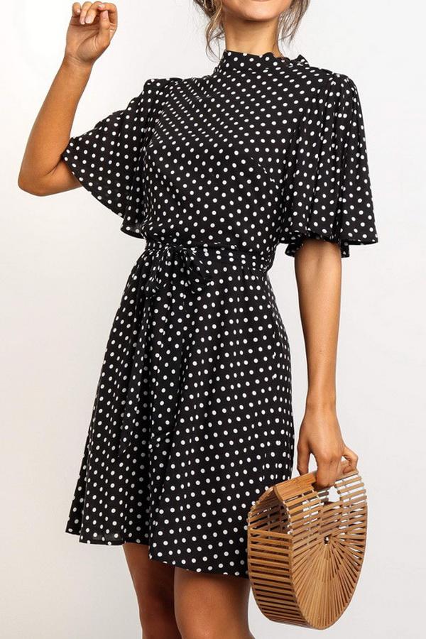 Creamtopmall Polka Dot Printed Chiffon Dress with High Waist