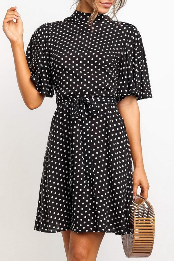 Creamtopmall Polka Dot Printed Chiffon Dress with High Waist