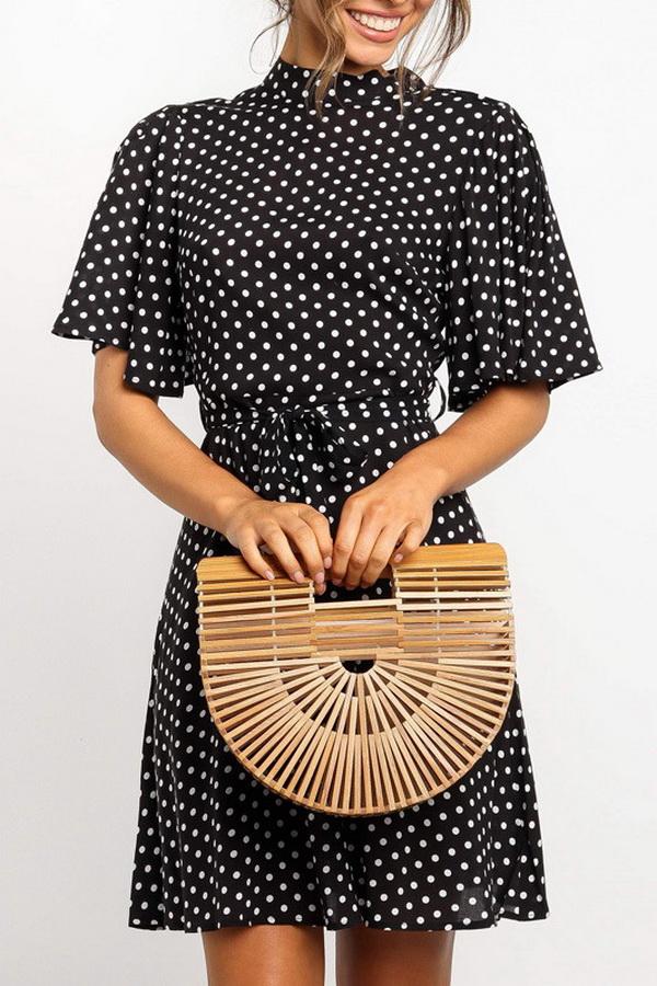 Creamtopmall Polka Dot Printed Chiffon Dress with High Waist