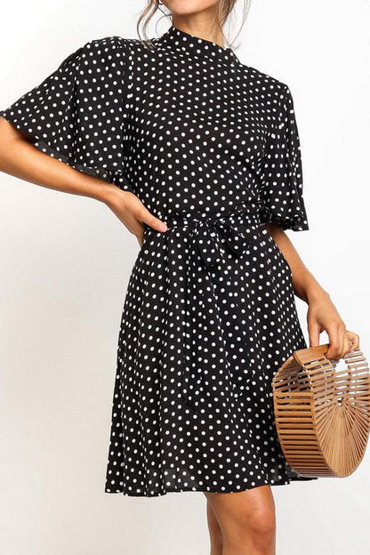 Creamtopmall Polka Dot Printed Chiffon Dress with High Waist