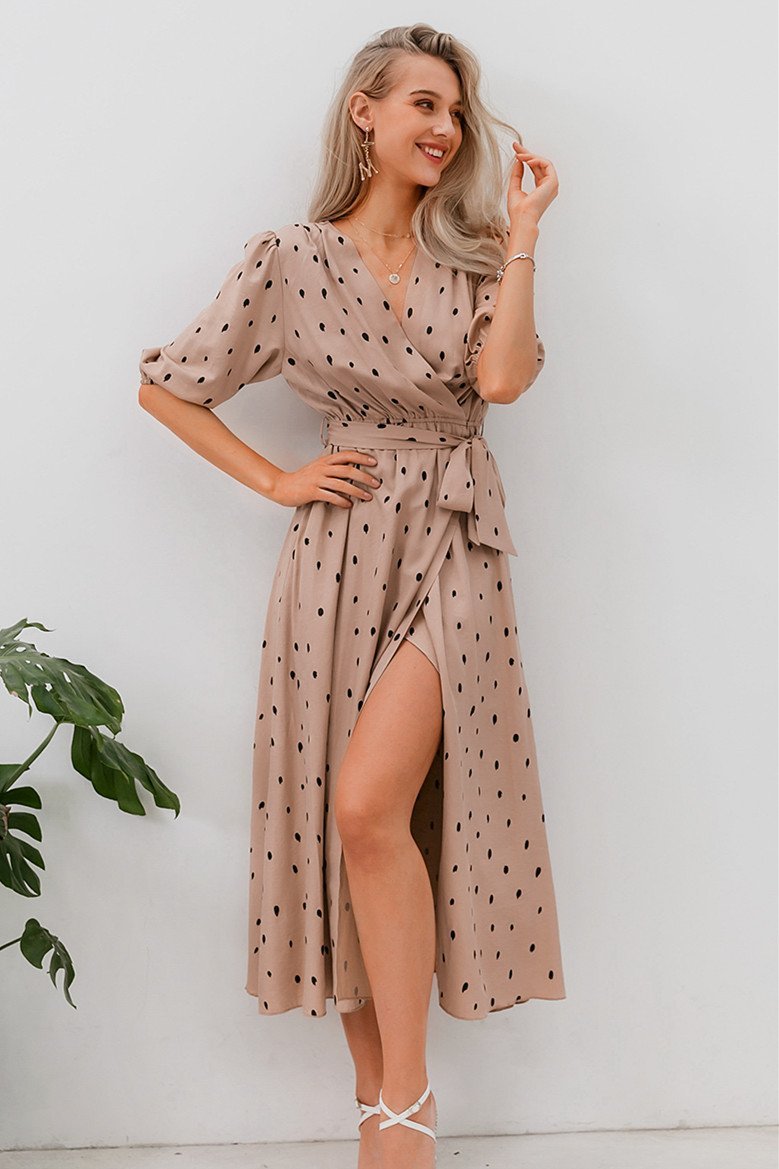 Creamtopmall Polka Dot Wrap Puff sleeve Dress