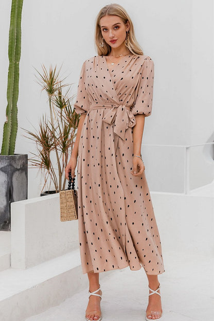 Creamtopmall Polka Dot Wrap Puff sleeve Dress