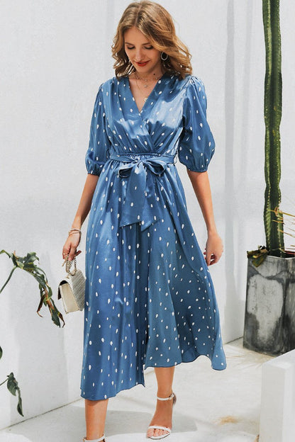 Creamtopmall Polka Dot Wrap Puff sleeve Dress