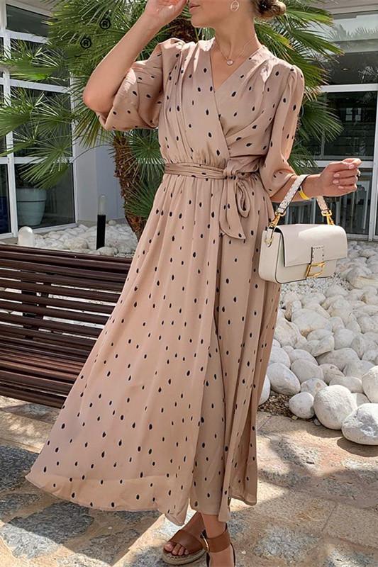 Creamtopmall Polka Dot Wrap Puff sleeve Dress