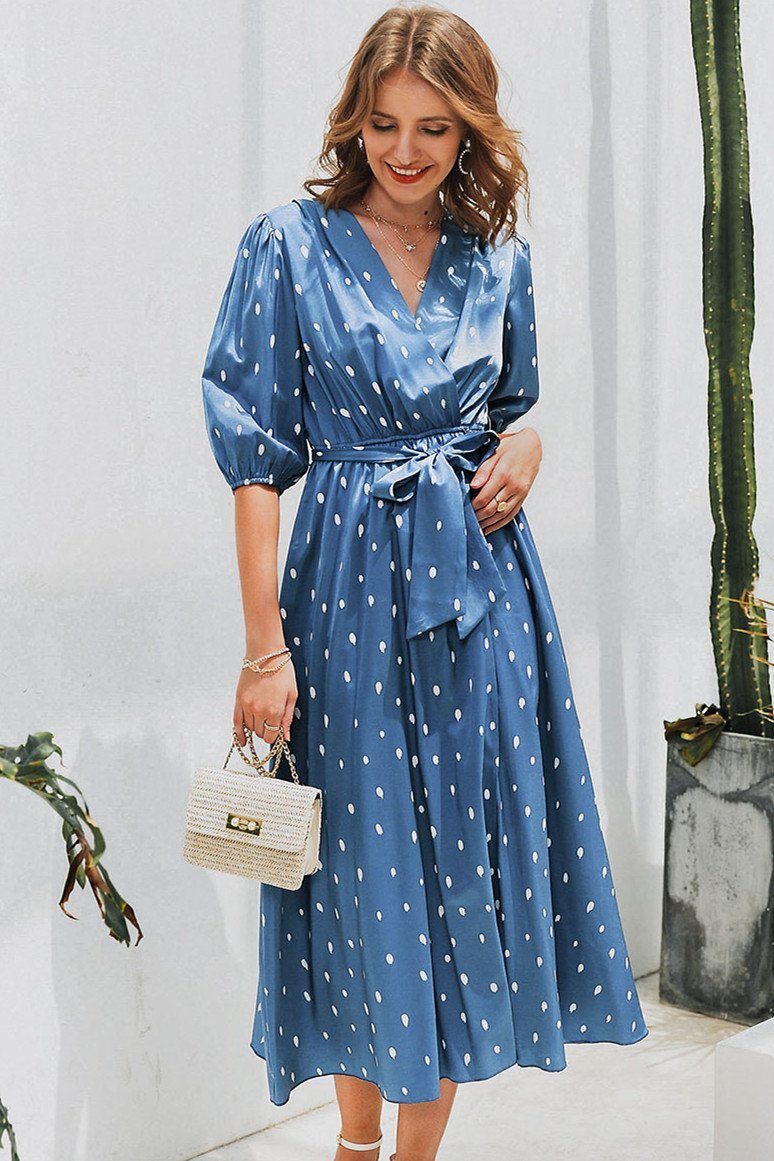 Creamtopmall Polka Dot Wrap Puff sleeve Dress