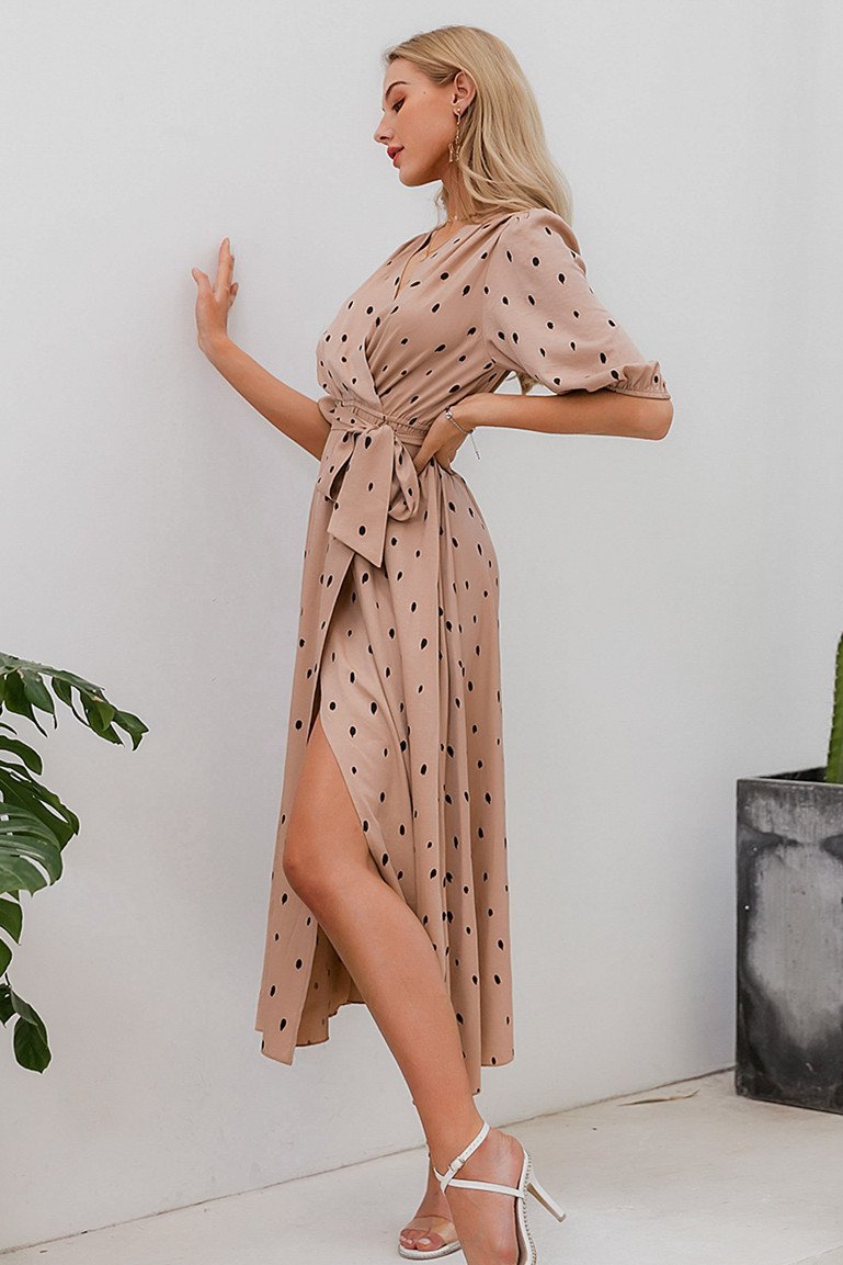 Creamtopmall Polka Dot Wrap Puff sleeve Dress