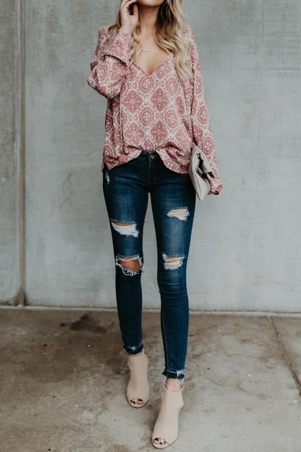 Creamtopmall Printed Chiffon V-neck Long-sleeved Shirt