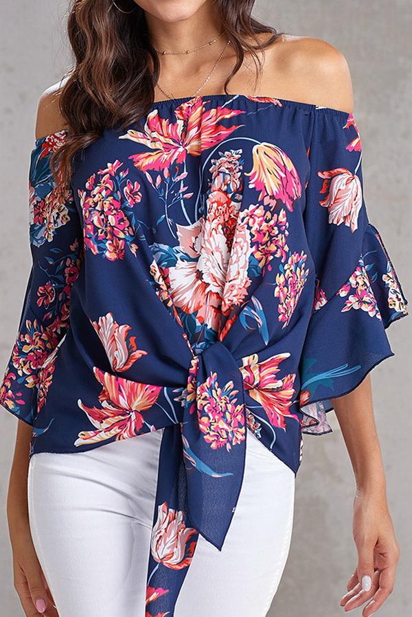 Creamtopmall Printed Knotted Flare Sleeve Jacket