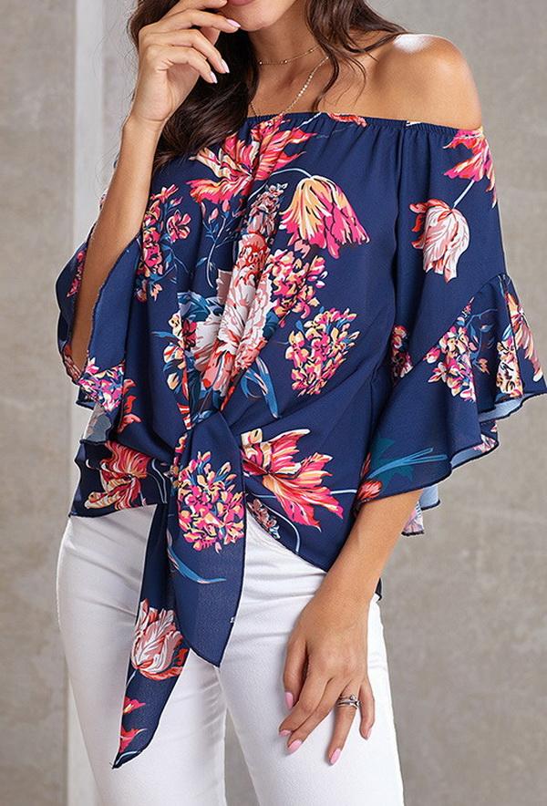 Creamtopmall Printed Knotted Flare Sleeve Jacket