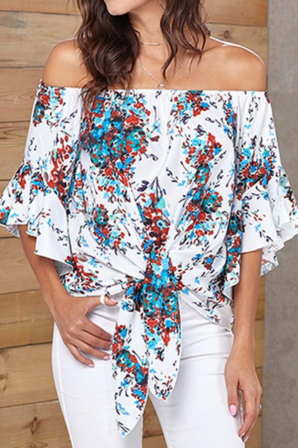 Creamtopmall Printed Knotted Flare Sleeve Jacket