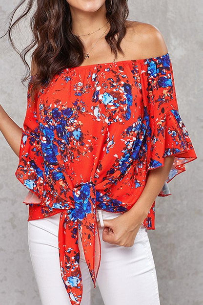 Creamtopmall Printed Knotted Flare Sleeve Jacket