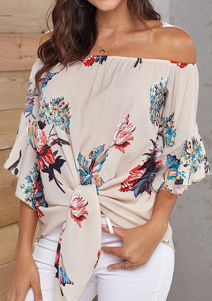 Creamtopmall Printed Knotted Flare Sleeve Jacket