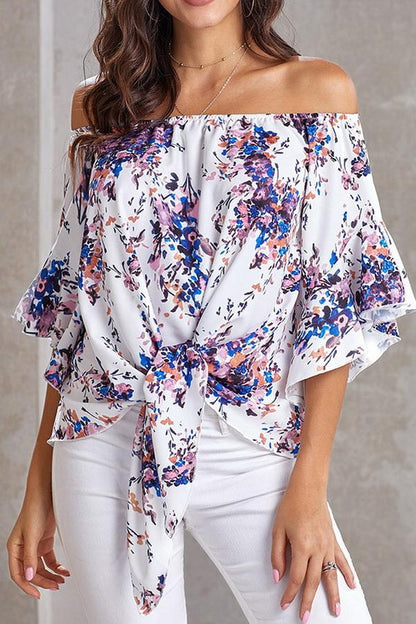 Creamtopmall Printed Knotted Flare Sleeve Jacket