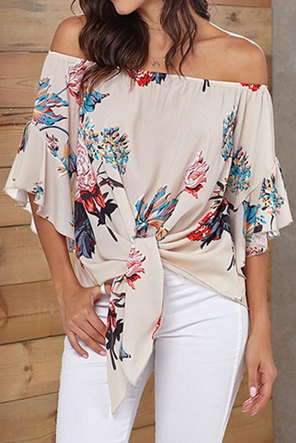 Creamtopmall Printed Knotted Flare Sleeve Jacket