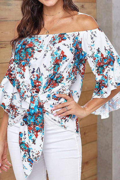 Creamtopmall Printed Knotted Flare Sleeve Jacket