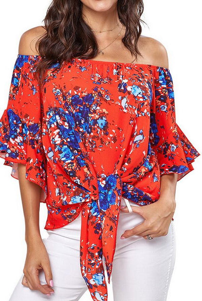 Creamtopmall Printed Knotted Flare Sleeve Jacket