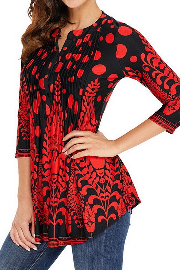 Creamtopmall Printed Long Cropped Sleeves Pleated Top