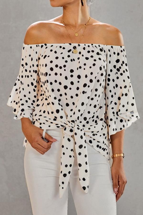 Creamtopmall Printed Off-the-shoulder Cropped Sleeves Knotted Top