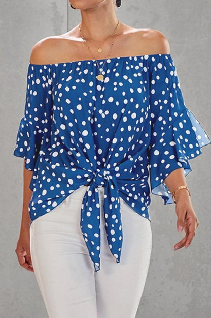 Creamtopmall Printed Off-the-shoulder Cropped Sleeves Knotted Top