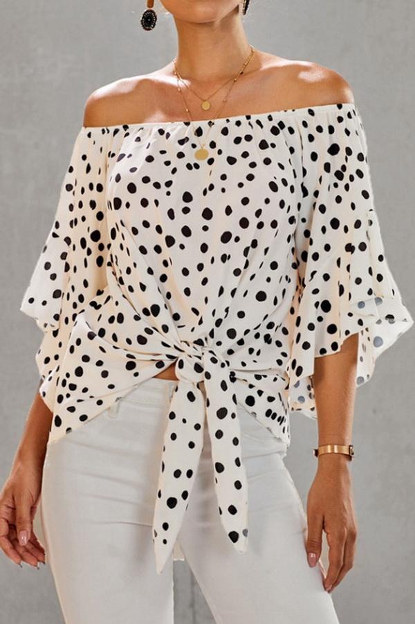 Creamtopmall Printed Off-the-shoulder Cropped Sleeves Knotted Top