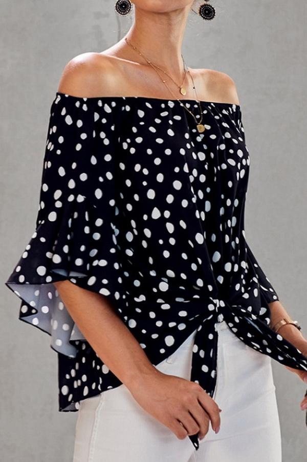 Creamtopmall Printed Off-the-shoulder Cropped Sleeves Knotted Top