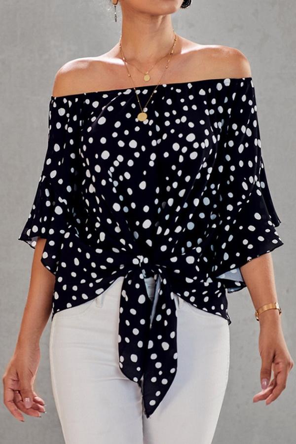 Creamtopmall Printed Off-the-shoulder Cropped Sleeves Knotted Top