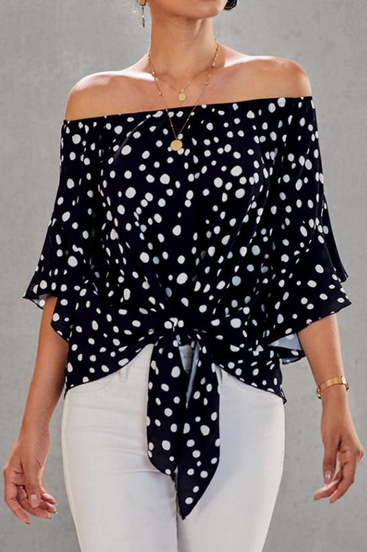 Creamtopmall Printed Off-the-shoulder Cropped Sleeves Knotted Top