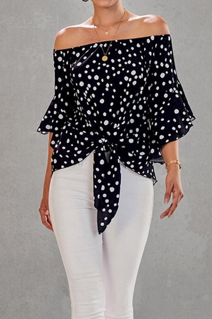 Creamtopmall Printed Off-the-shoulder Cropped Sleeves Knotted Top