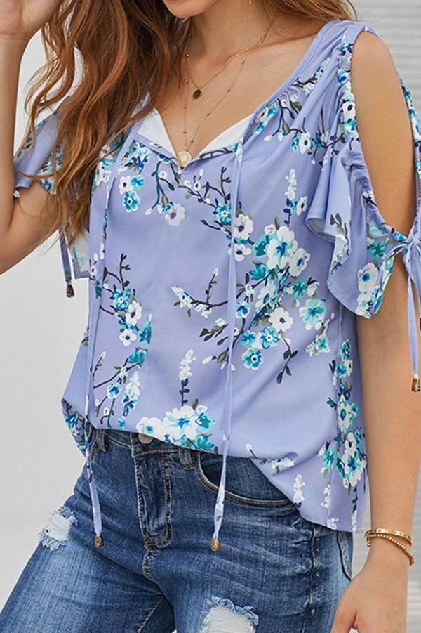 Creamtopmall Printed V-neck Strapless Loose Shirt