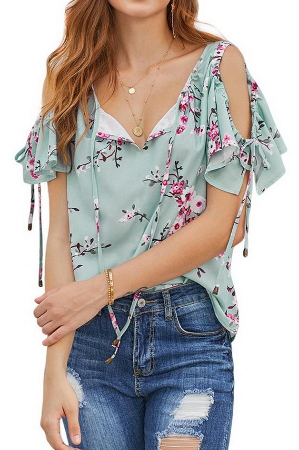 Creamtopmall Printed V-neck Strapless Loose Shirt