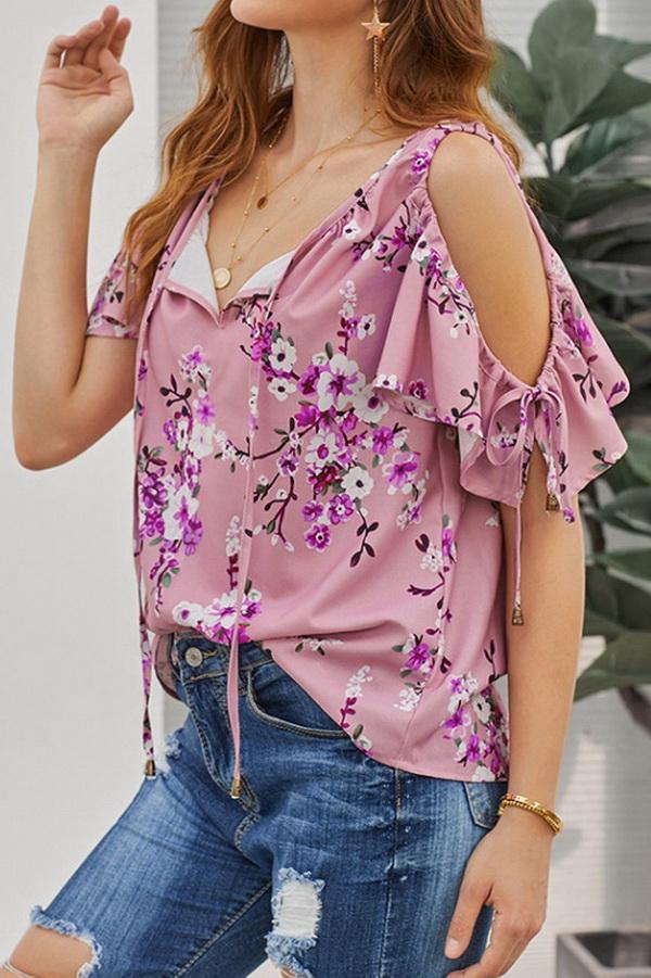 Creamtopmall Printed V-neck Strapless Loose Shirt