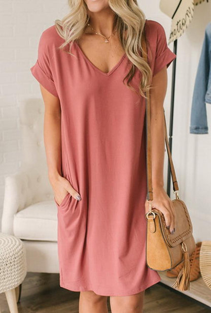 Creamtopmall Pure Collor V-collar Casual Loose T-shirt Dress