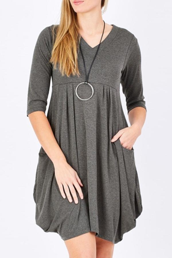 Creamtopmall Pure Colour Long Sleeve Pocket Dress