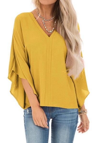 Creamtopmall Pure Colour Loose V-neck Bat Sleeve Casual T-shirt