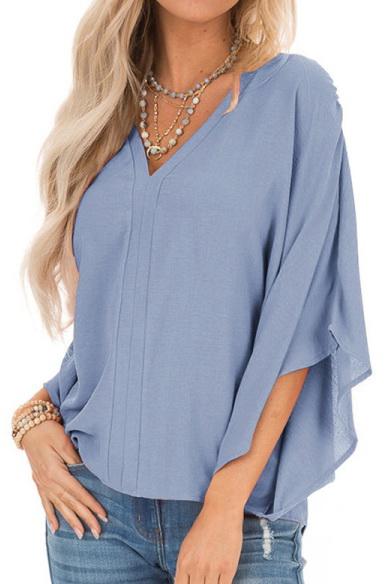 Creamtopmall Pure Colour Loose V-neck Bat Sleeve Casual T-shirt