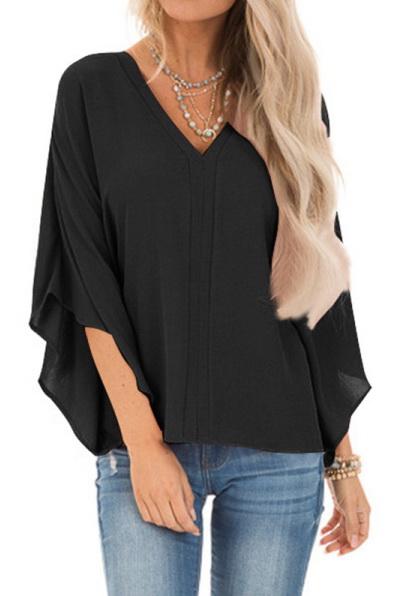 Creamtopmall Pure Colour Loose V-neck Bat Sleeve Casual T-shirt