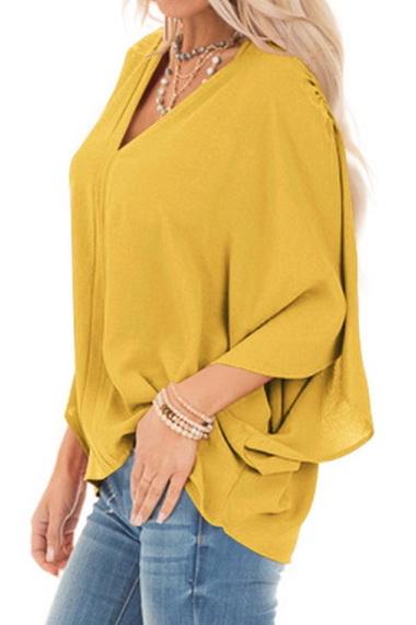 Creamtopmall Pure Colour Loose V-neck Bat Sleeve Casual T-shirt