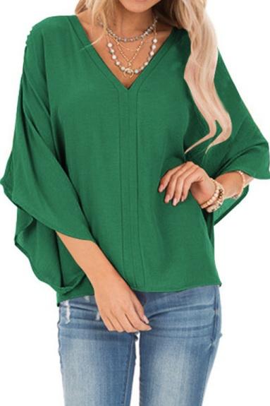 Creamtopmall Pure Colour Loose V-neck Bat Sleeve Casual T-shirt