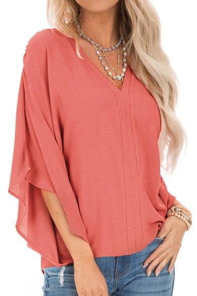 Creamtopmall Pure Colour Loose V-neck Bat Sleeve Casual T-shirt